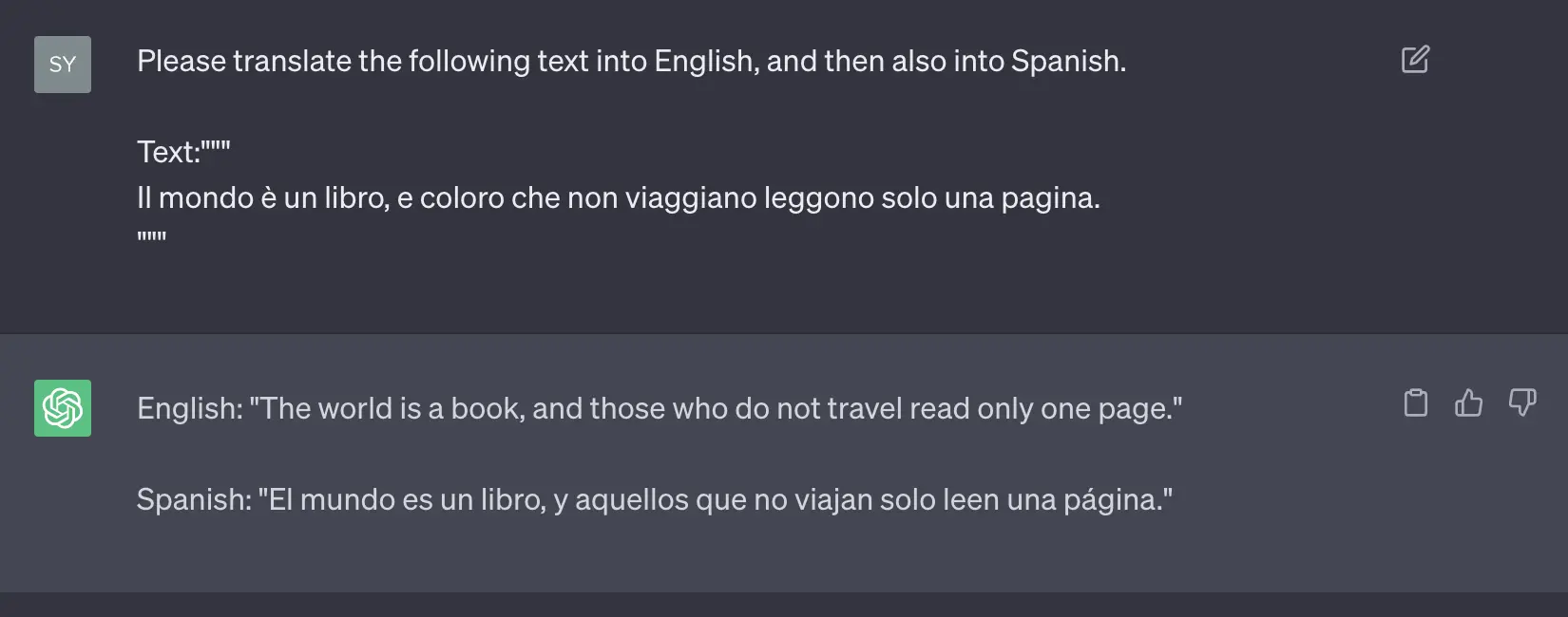 A sample dialogue with ChatGPT showing its language translation capabilities