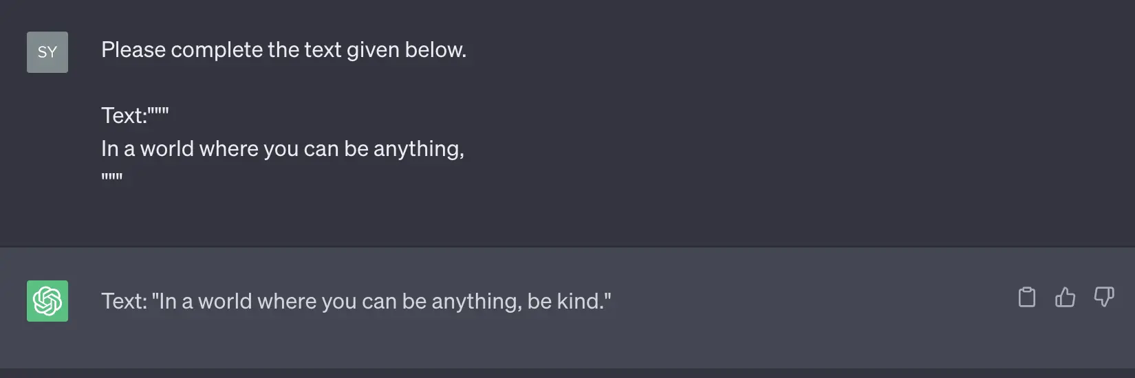 A sample dialogue with ChatGPT showing how it can finish incomplete text